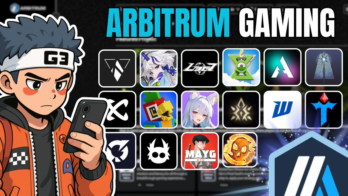 Cartoon gamer holding phone beside grid of game and app icons under "Arbitrum Gaming"
