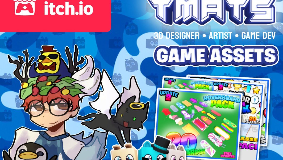 Colorful game assets banner showing cartoon character, pets, and hoverboard item pack