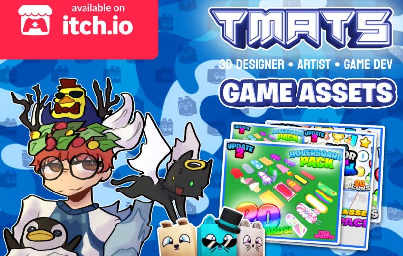 Colorful game assets banner showing cartoon character, pets, and hoverboard item pack