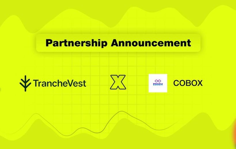 Bright graphic reading "Partnership Announcement" showing TrancheVest and COBOX logos with an X