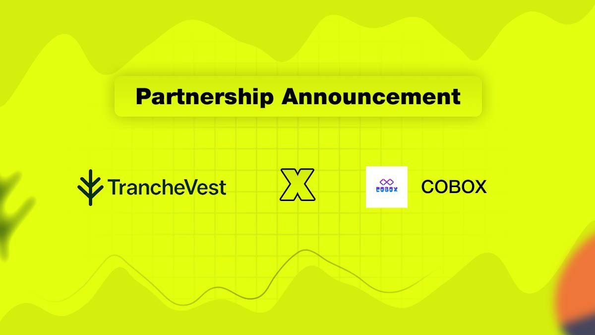 Bright graphic reading "Partnership Announcement" showing TrancheVest and COBOX logos with an X