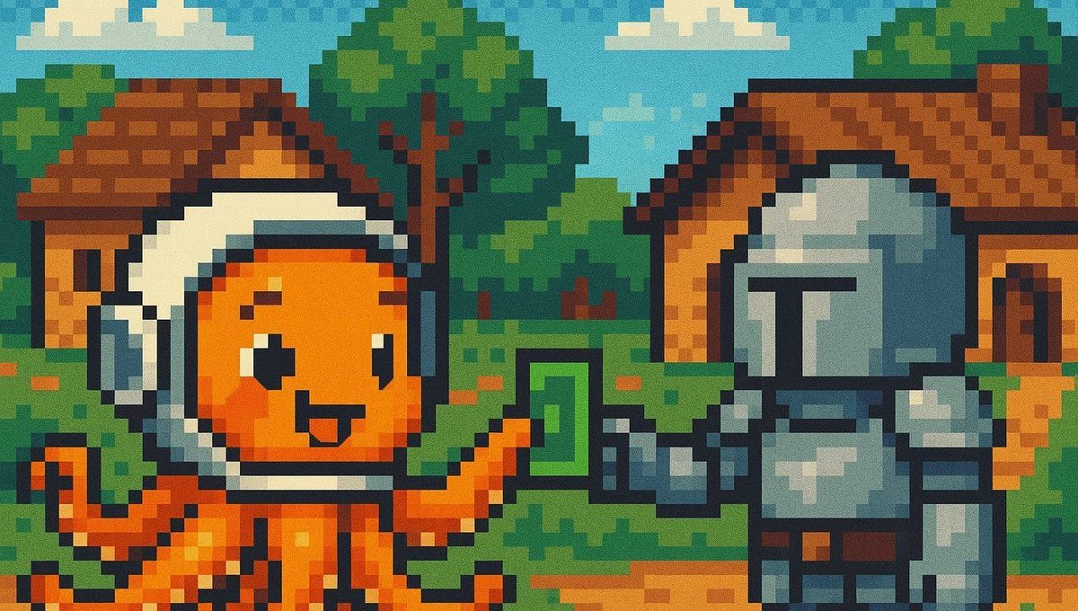 Pixel-art orange octopus in a helmet handing a green card to armored knight
