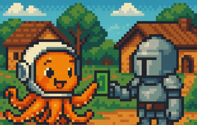Pixel-art orange octopus in a helmet handing a green card to armored knight