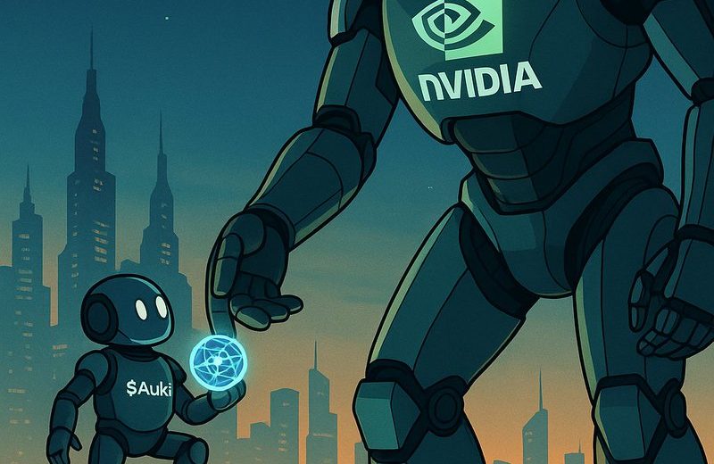 Giant NVIDIA robot helping smaller robot labeled $Auki up a "Global AI Scale" pedestal