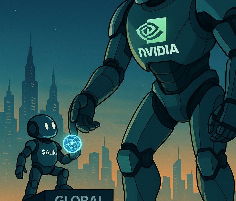 Giant NVIDIA robot helping smaller robot labeled $Auki up a "Global AI Scale" pedestal