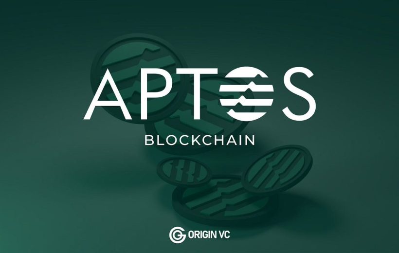 APTES blockchain logo over stacked digital coins with Origin VC branding below