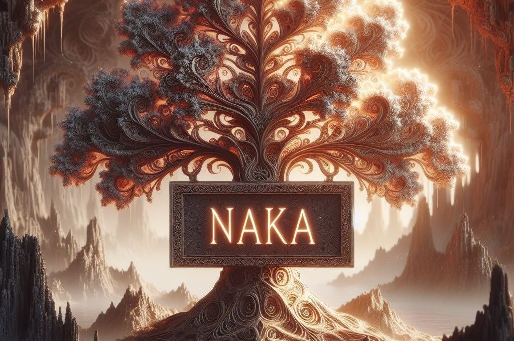 Ornate glowing tree with swirling roots and a carved plaque reading "NAKA" in cavern