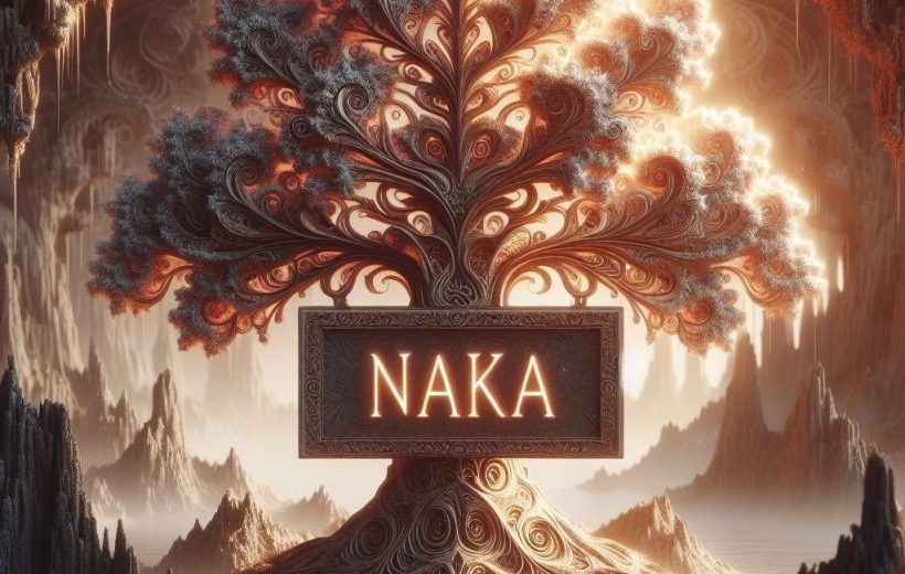 Ornate glowing tree with swirling roots and a carved plaque reading "NAKA" in cavern
