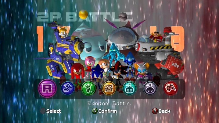 Sonic characters lineup with various vehicles and icons on a 2P battle selection screen