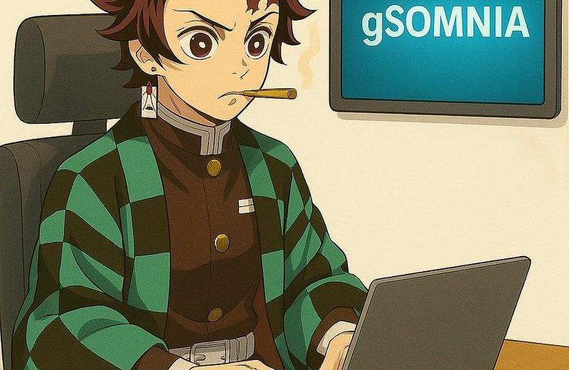 young man in green checkered haori intently typing on laptop with "gSOMNIA" screen behind