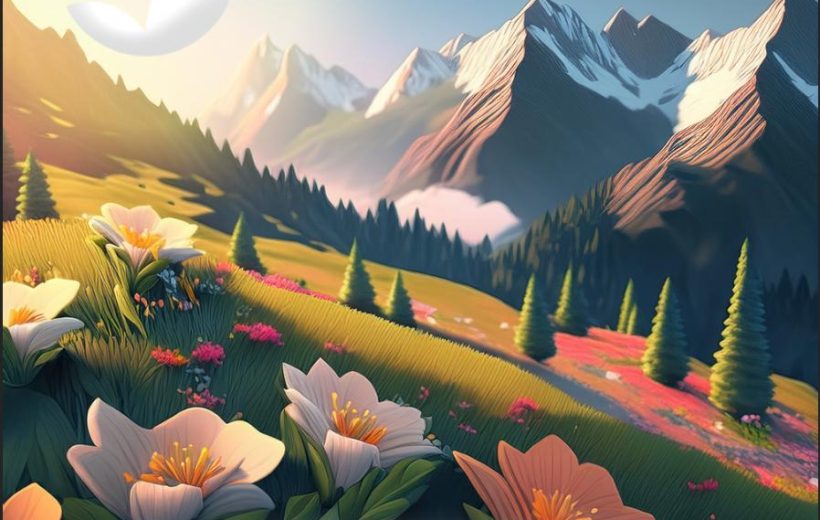 Sunlit alpine meadow with large flowers in foreground and snow-capped mountains beyond