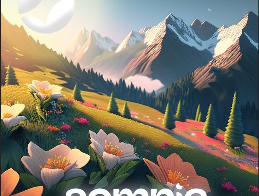 Sunlit alpine meadow with large flowers in foreground and snow-capped mountains beyond