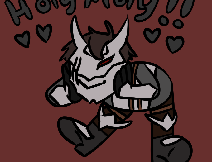 Cute chibi character wearing horned mask and armor striking bashful pose with hearts