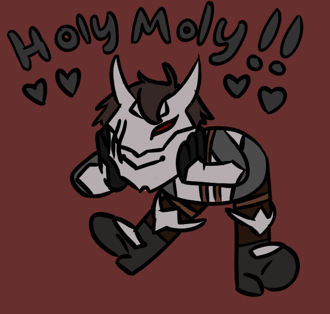 Cute chibi character wearing horned mask and armor striking bashful pose with hearts