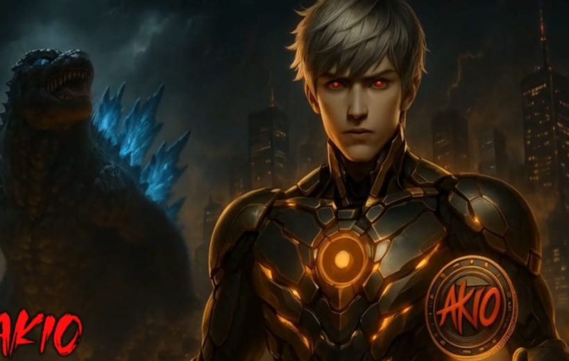 Young armored hero with glowing chest emblem and red eyes standing before Godzilla-like monster