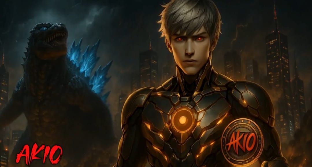 Young armored hero with glowing chest emblem and red eyes standing before Godzilla-like monster