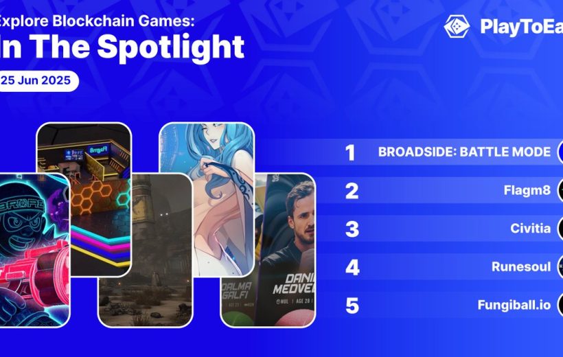 Blue promotional banner listing top five blockchain games with colorful game artwork and logos