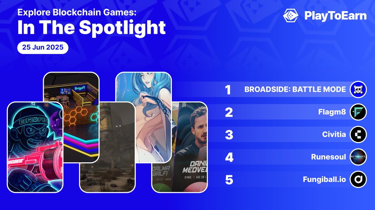 Blue promotional banner listing top five blockchain games with colorful game artwork and logos