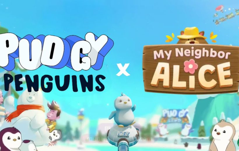 Cartoon penguins and characters in a snowy scene promoting Pudgy Penguins x My Neighbor Alice