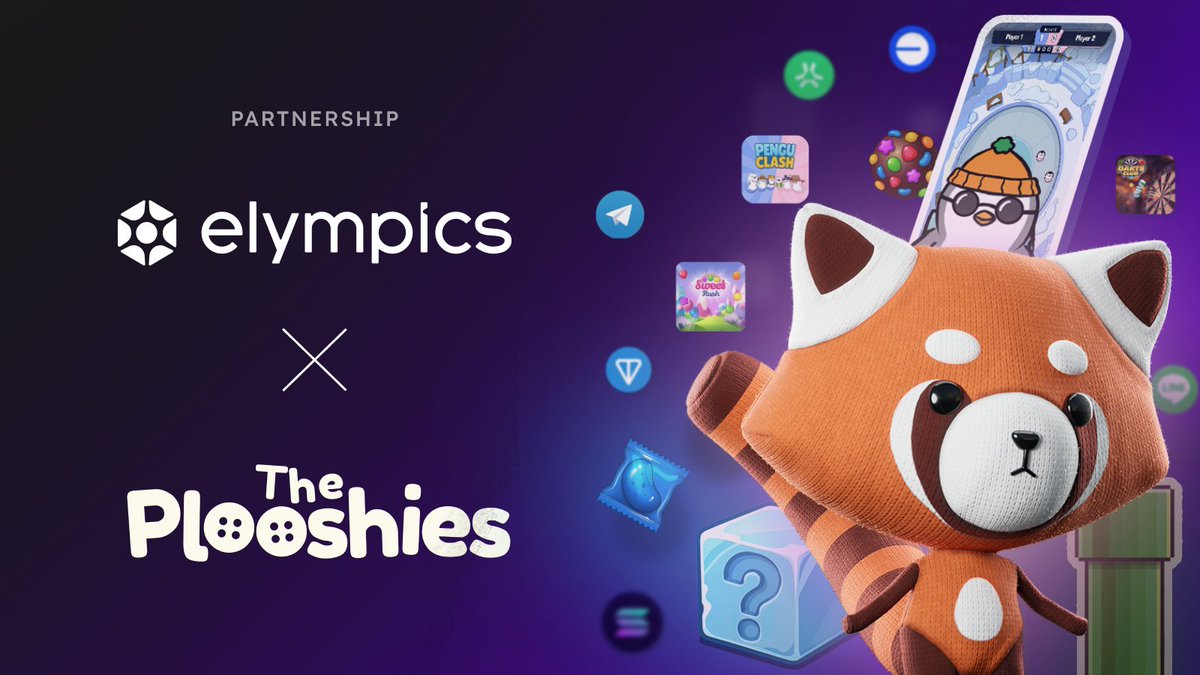 Elympics partnership banner featuring a plush red panda mascot and mobile game icons