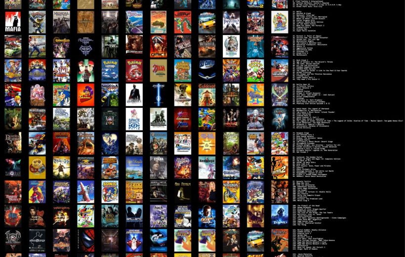 Grid of 2002 video game cover thumbnails with a numbered release list on black background