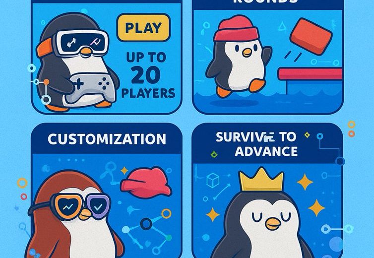 Cartoon penguins illustrating Pudgy Party gameplay, mini-games, customization, and progression