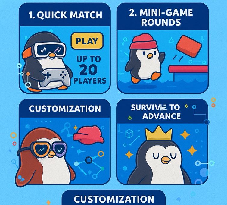 Cartoon penguins illustrating Pudgy Party gameplay, mini-games, customization, and progression