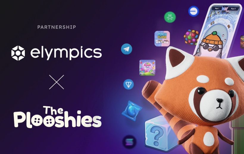 Plush red panda mascot next to Elympics and The Plooshiess partnership logos on purple background