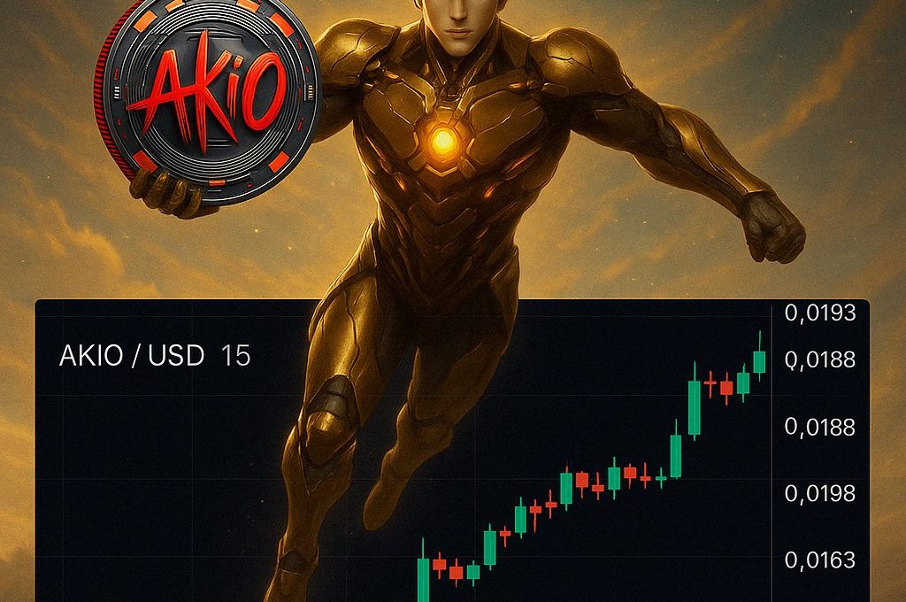 Armored superhero holding Akio coin above rising AKIO/USD candlestick price chart.