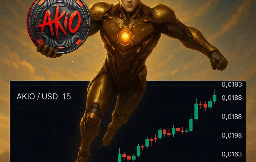 Armored superhero holding Akio coin above rising AKIO/USD candlestick price chart.