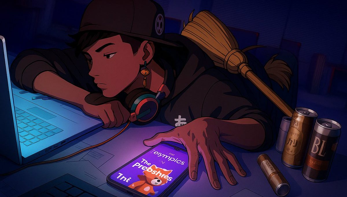Tired teenager in hoodie leaning on desk, reaching for glowing phone with broom nearby