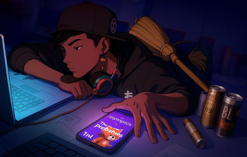 Tired teenager in hoodie leaning on desk, reaching for glowing phone with broom nearby