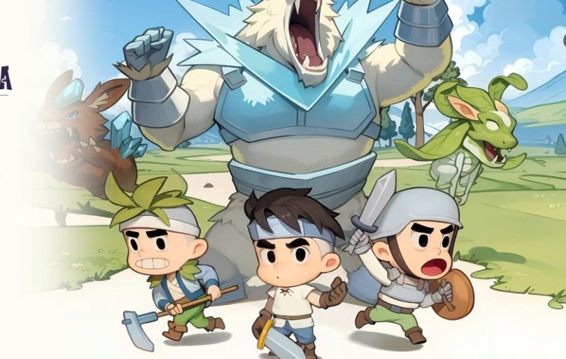 Three chibi adventurers ready for battle with monsters in a sunny meadow
