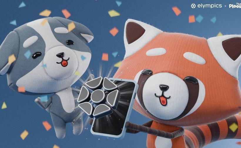 Red panda and gray dog mascots celebrating while holding a glowing trophy smartphone accessory.