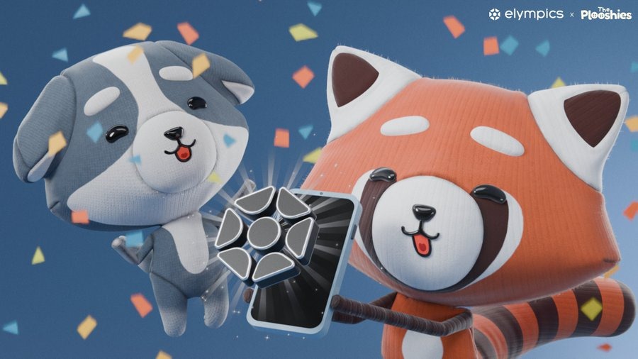 Red panda and gray dog mascots celebrating while holding a glowing trophy smartphone accessory.