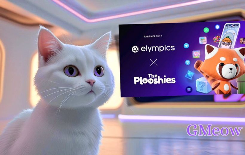 White cat with purple eyes in futuristic room next to a Pl00shies partnership banner