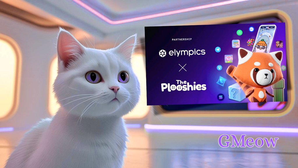 White cat with purple eyes in futuristic room next to a Pl00shies partnership banner