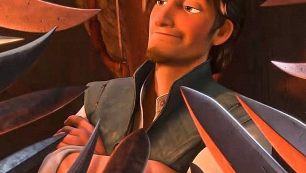 Animated confident man leaning back with arms crossed surrounded by pointed blades