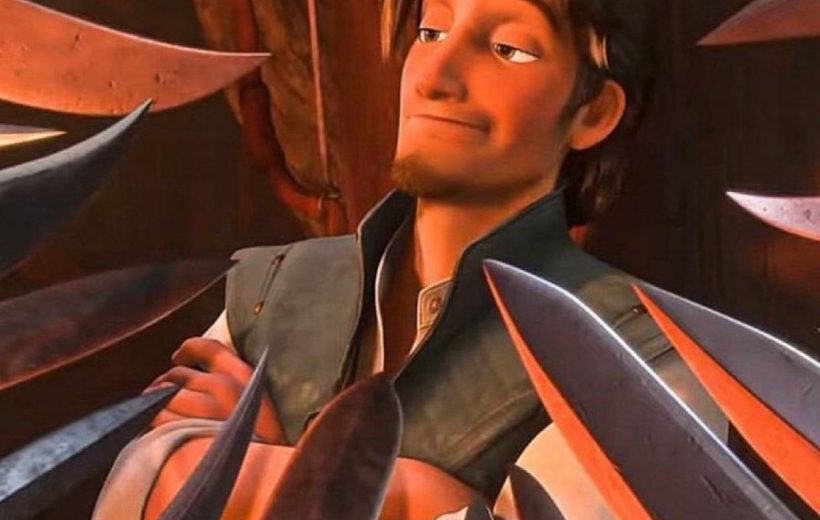 Animated confident man leaning back with arms crossed surrounded by pointed blades