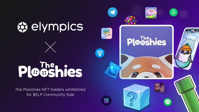 Elympics and The Plooshiess partnership banner showing NFT characters and app icons