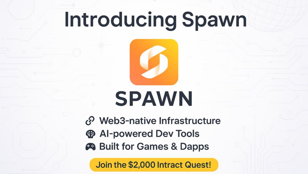 Logo and text announcing Spawn platform with Web3 infrastructure and AI dev tools.