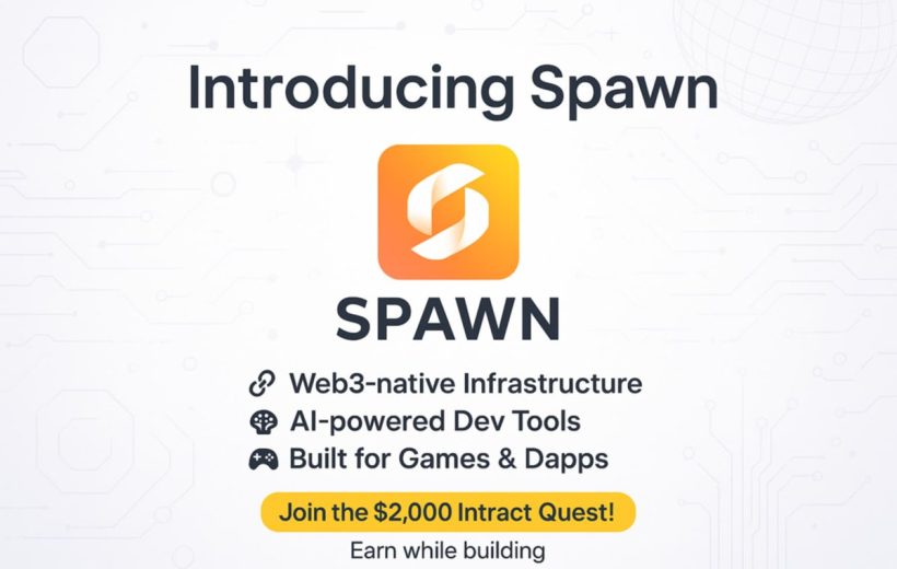 Logo and text announcing Spawn platform with Web3 infrastructure and AI dev tools.
