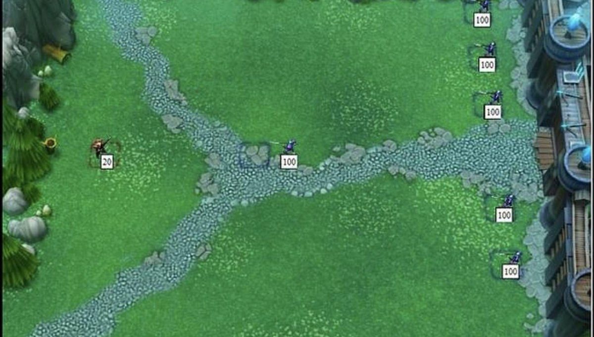 Top-down fantasy battle map showing units with health labels on grassy crossroads near castle