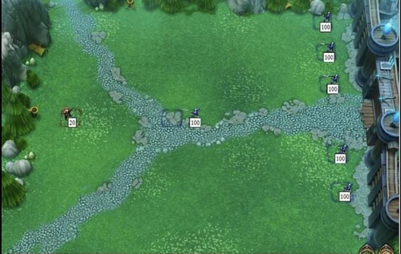 Top-down fantasy battle map showing units with health labels on grassy crossroads near castle