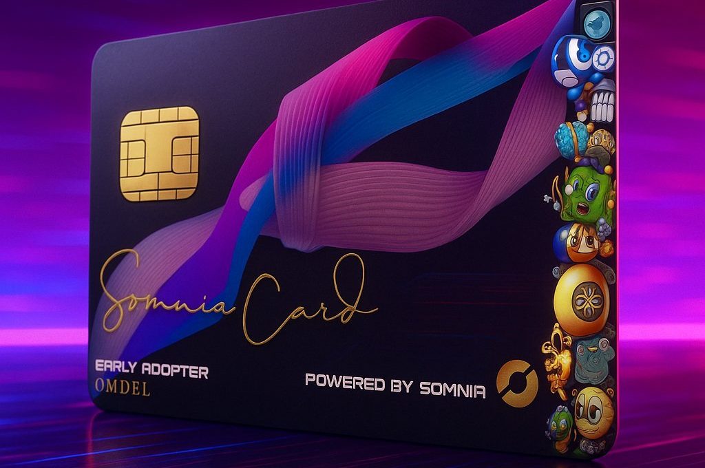 Dark Somnia Card with colorful ribbon design, gold chip, and character icons along edge