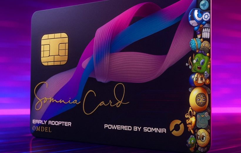 Dark Somnia Card with colorful ribbon design, gold chip, and character icons along edge