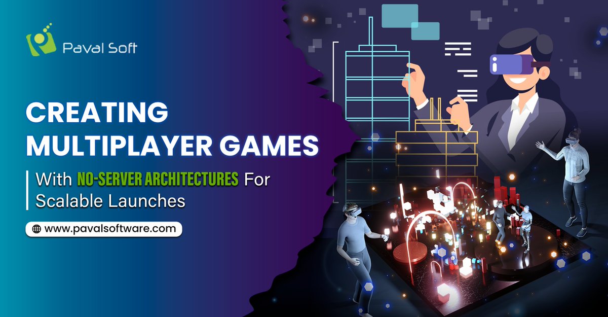 Banner showing VR users interacting with a glowing multiplayer game cityscape and text.