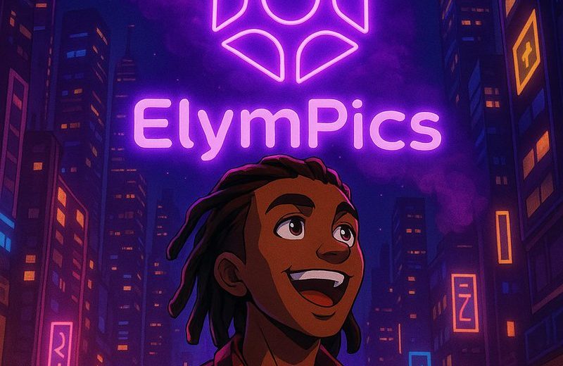 Young gamer holding glowing controller beneath neon "ElymPics" sign in futuristic cityscape