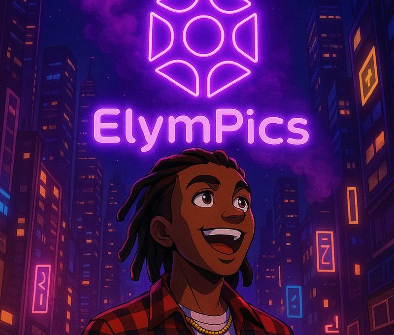 Young gamer holding glowing controller beneath neon "ElymPics" sign in futuristic cityscape