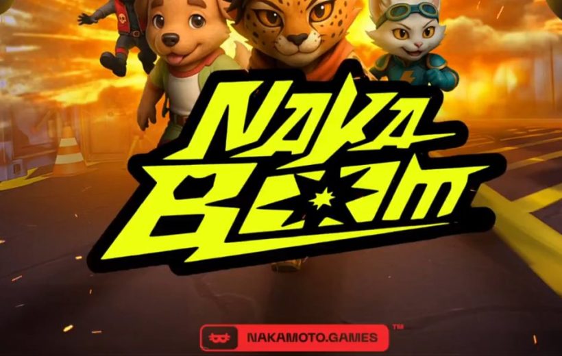 Bright neon "Naka Boom" logo with three cartoon animal characters against fiery backdrop